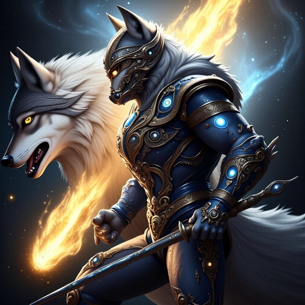  <lora:Spirit Wolf Guide:1.0> as a hero