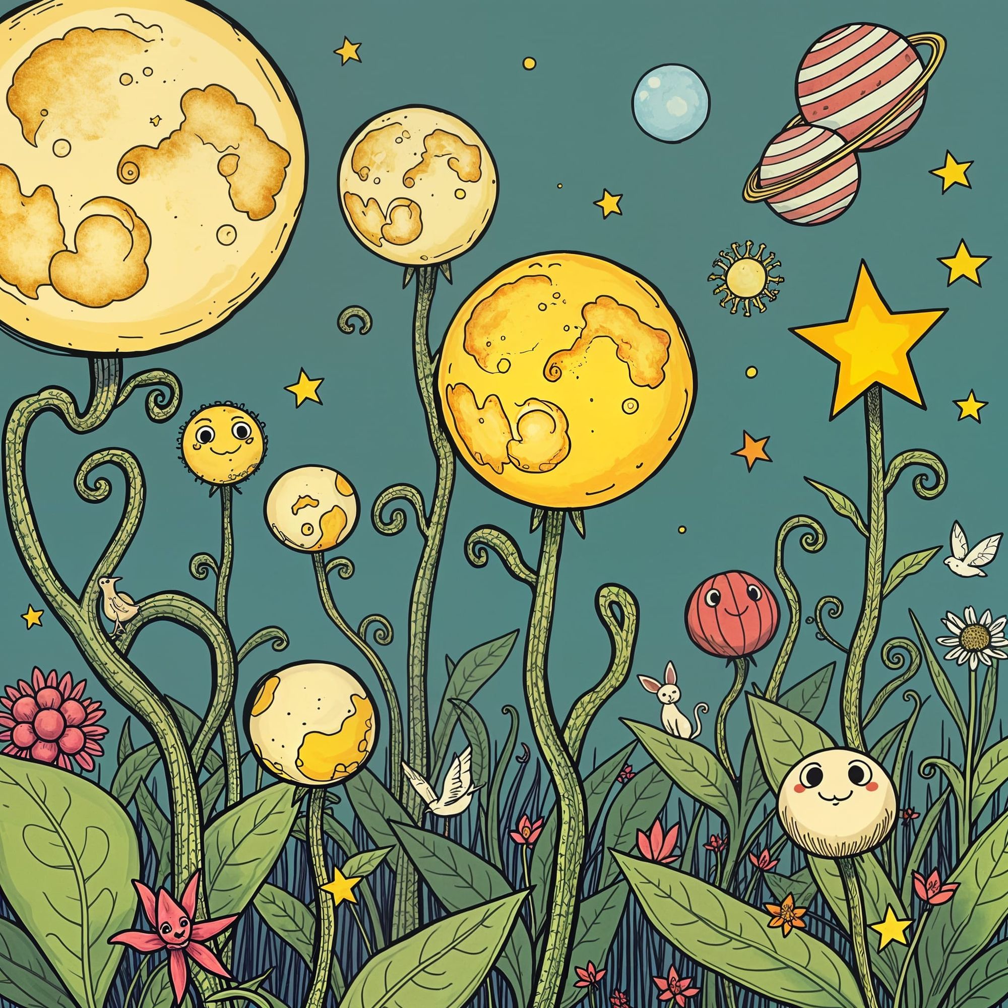 a whimsical garden reminiscent of Alice in Wonderland, where moons and stars, with intricate textures and bright, playful colors, grow on st...