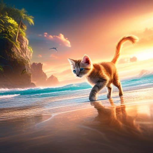 
kitten playing on the beach  by @AliMar