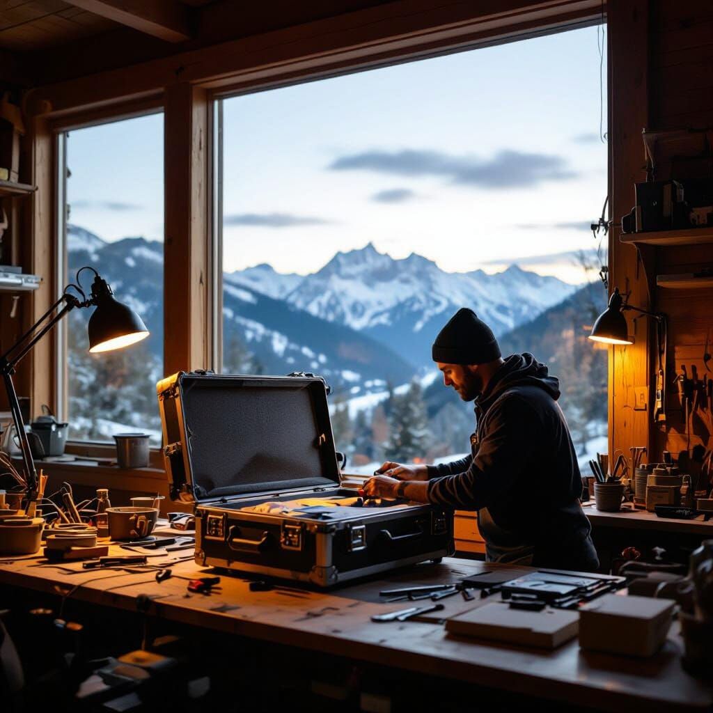 Workshop with craftsperson assembling custom flight case, mountain vista visible through large windows, warm lighting, tools and materials o...