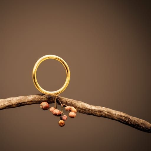 a gold ring sitting on top of a tree branch