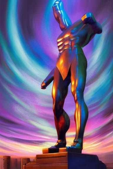 An oil painting of the Statue of Colossus