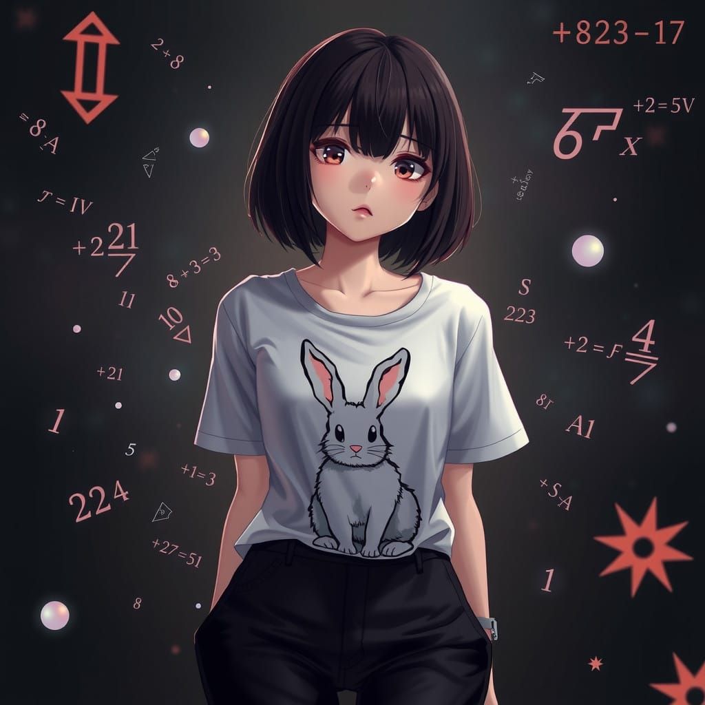 Anime Woman Surrounded by Math Whirlwind in Deep Fantasy Sce...