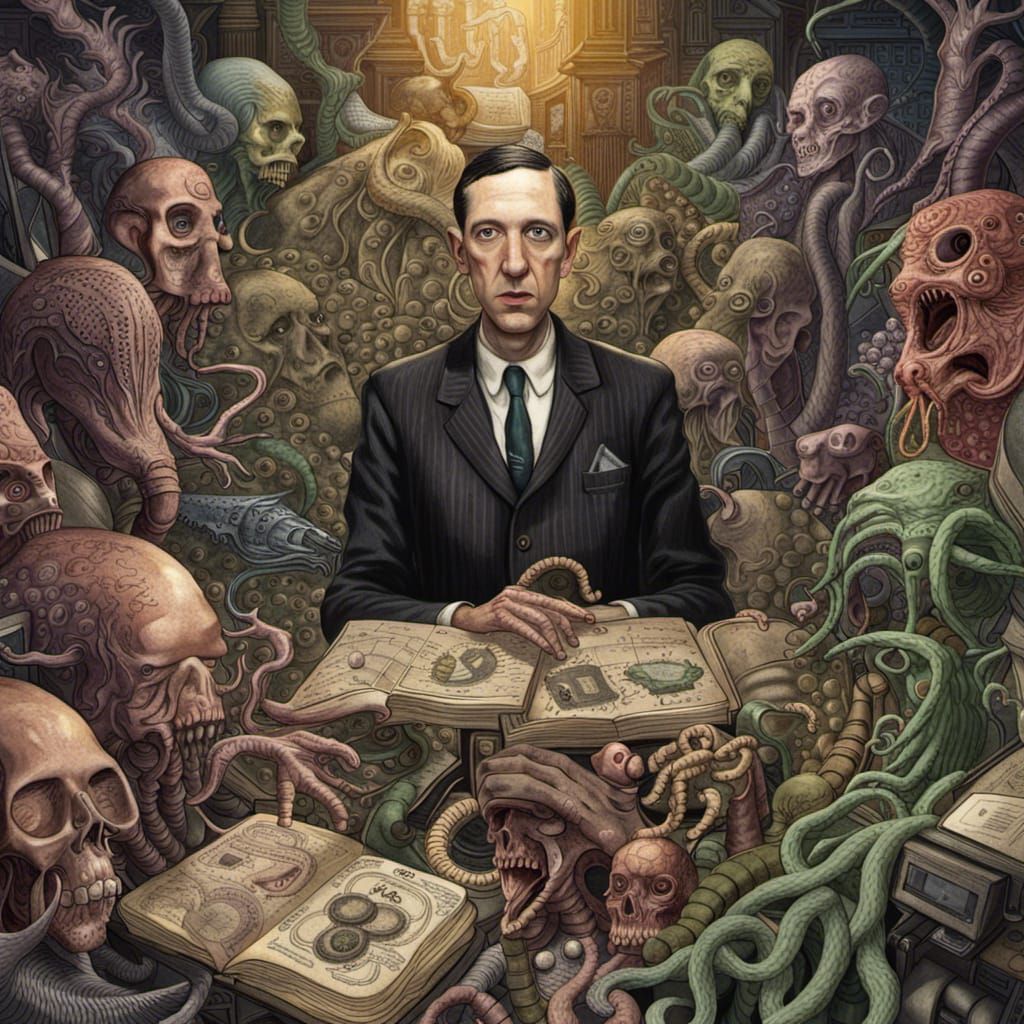 Highly detailed image Crowded with various elements of h. p. lovecraft