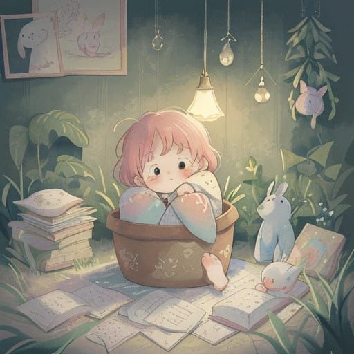 Whimsical Bunny in Cozy Burrow, Surrounded by Gentle Lightin...