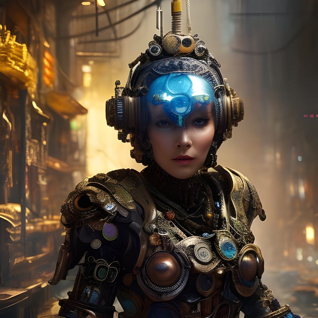 Filigree Robot Queen Portrait in Coolpunk Style