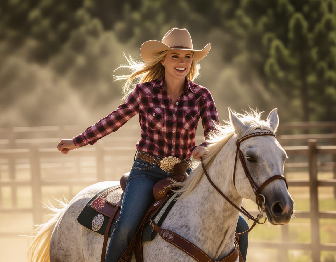 A cowgirl is riding a dappled grey horse