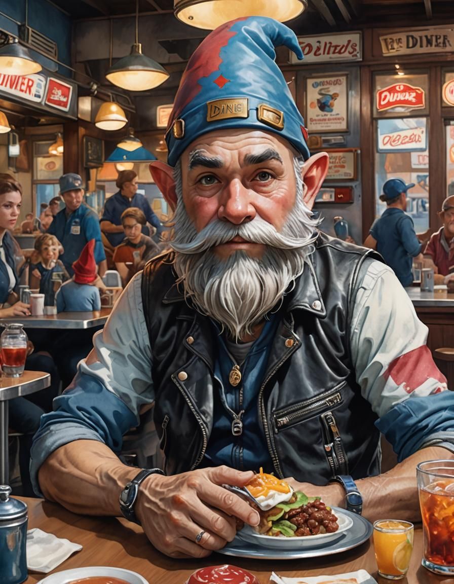(Watercolors,Flat Wash:1.5)Photorealistic fantasy portrait,(Biker Gnome, in the Diner:1.5)perfect full ...  by @Nyxator 