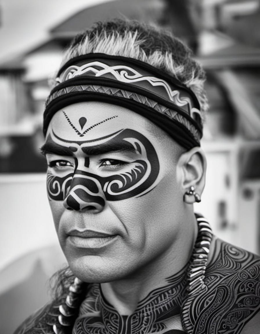 black monochrome  Maori facial tattoo