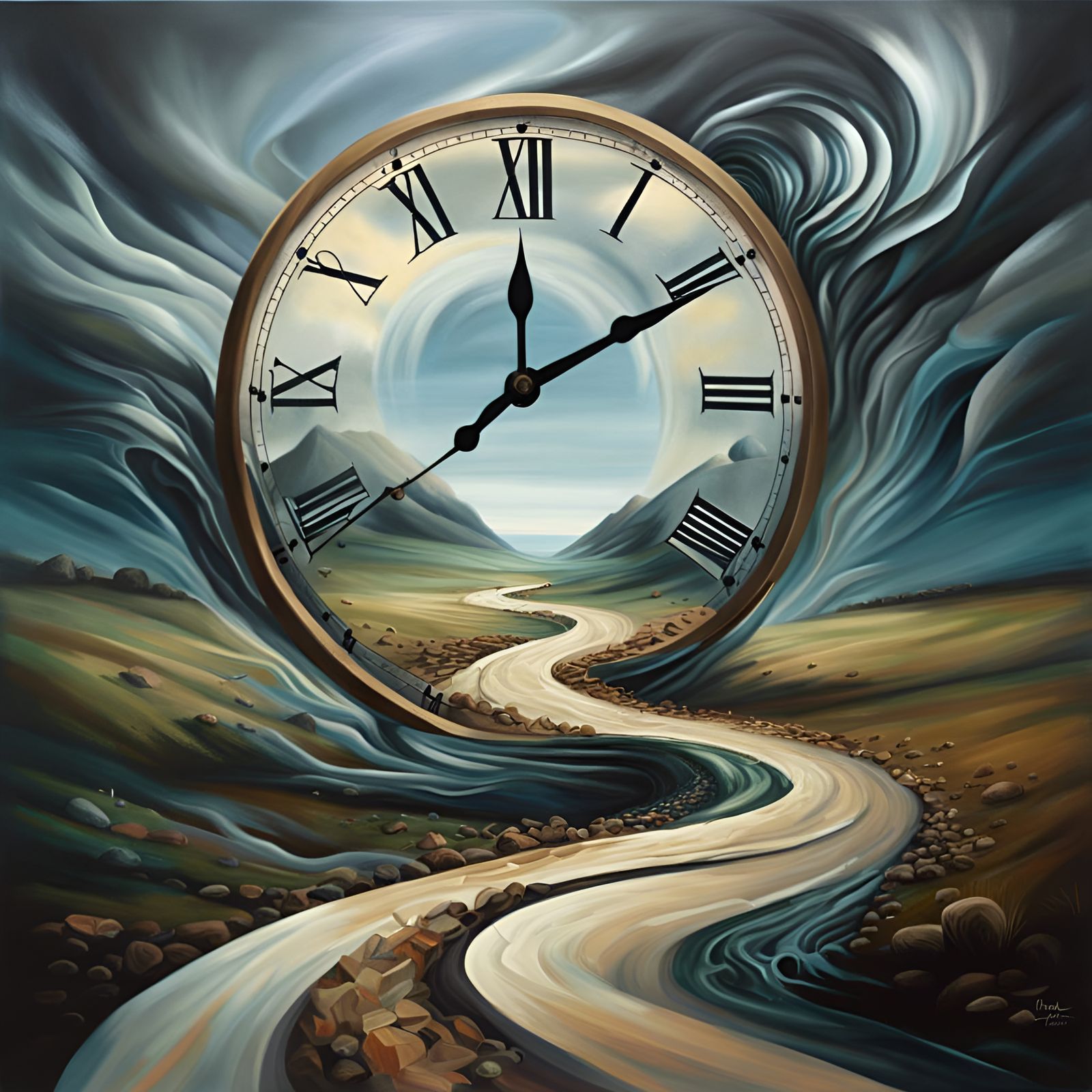 an abstract art painting of an old transparent clock on an old road, in the style of photorealistic surrealism, ...  by @morr5750