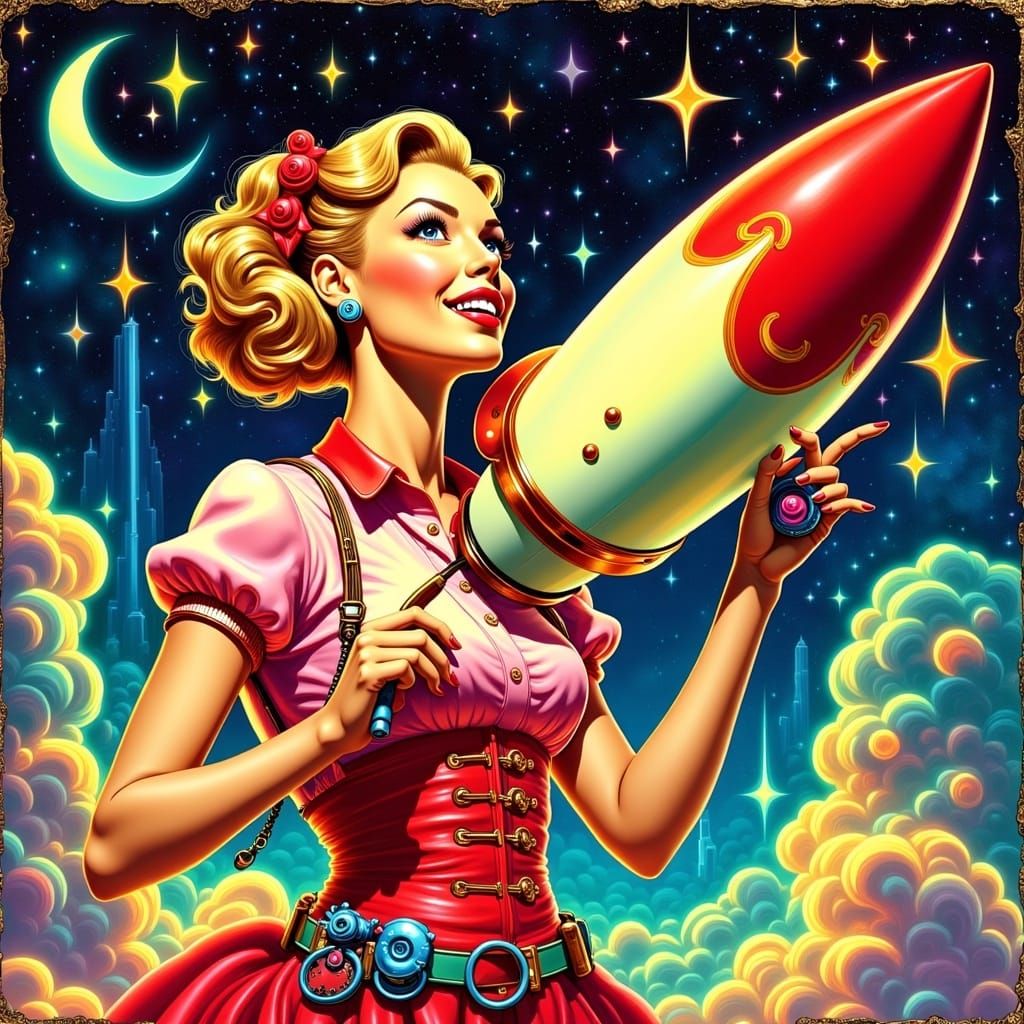 Tin Tin Style Pin Up Girl Rocket Illustration in Vibrant Col...