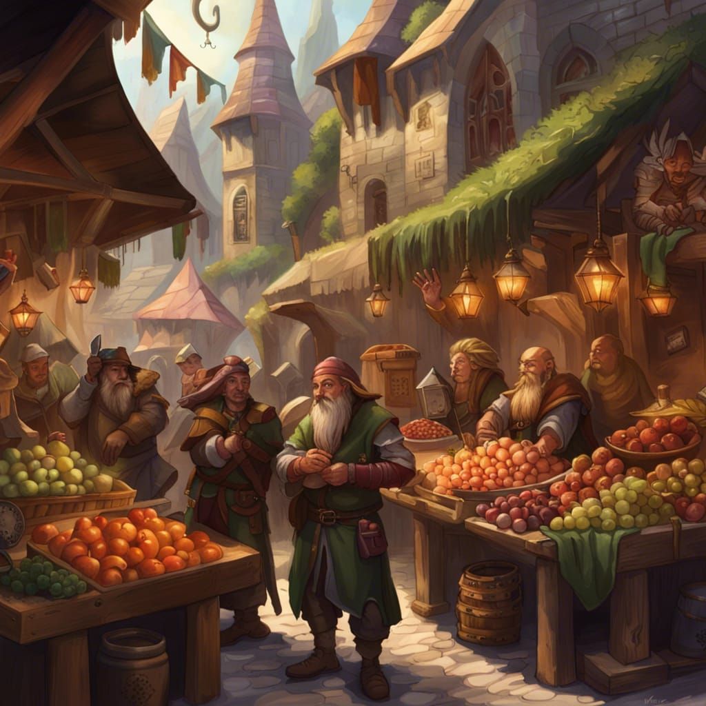 "Fantasy merchant market with elf and dwarves traders" forgotten realms, fruits, armor, weapons, horses, ...  by @WR O