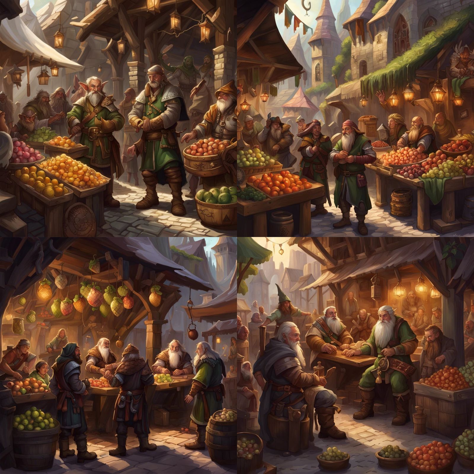 "Fantasy merchant market with elf and dwarves traders" forgotten realms, fruits, armor, weapons, horses, drizzt Duuerden...