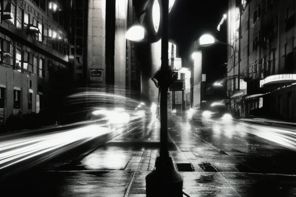 Rainy New York Art Deco Film Noir Street At Night - AI Generated
