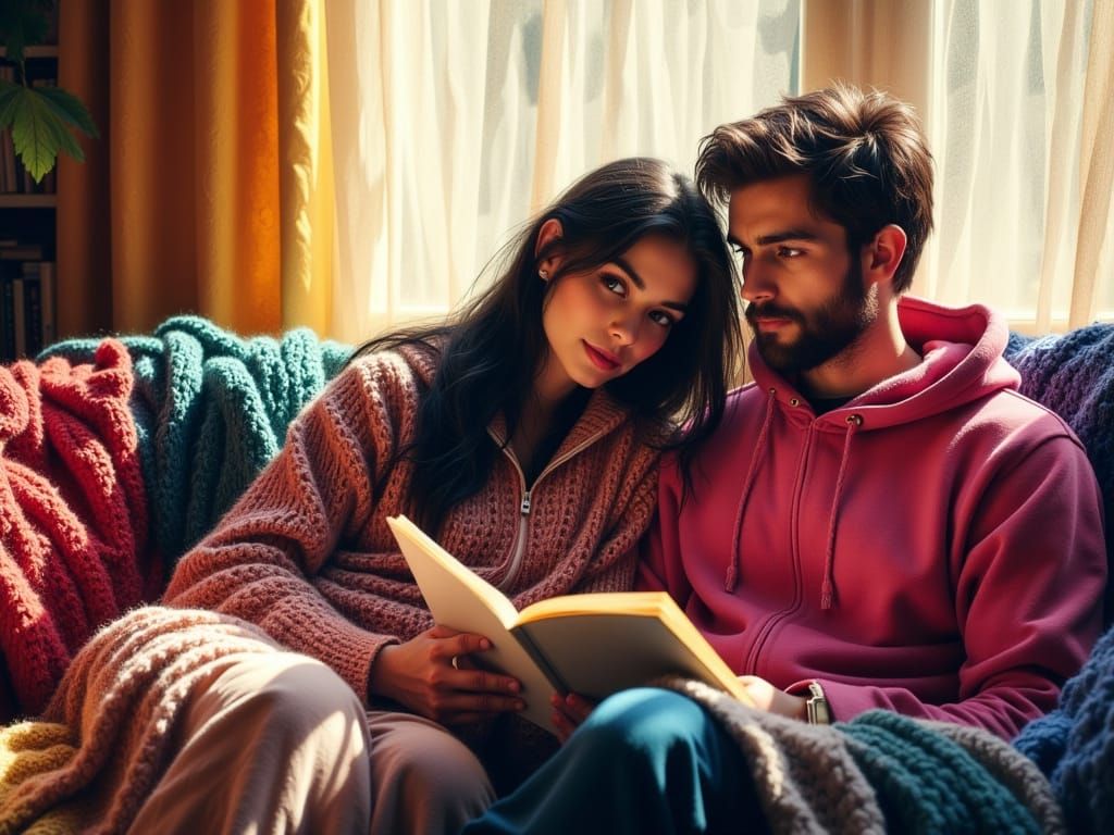 Vibrant Couple in Gothic Pop Art Living Room