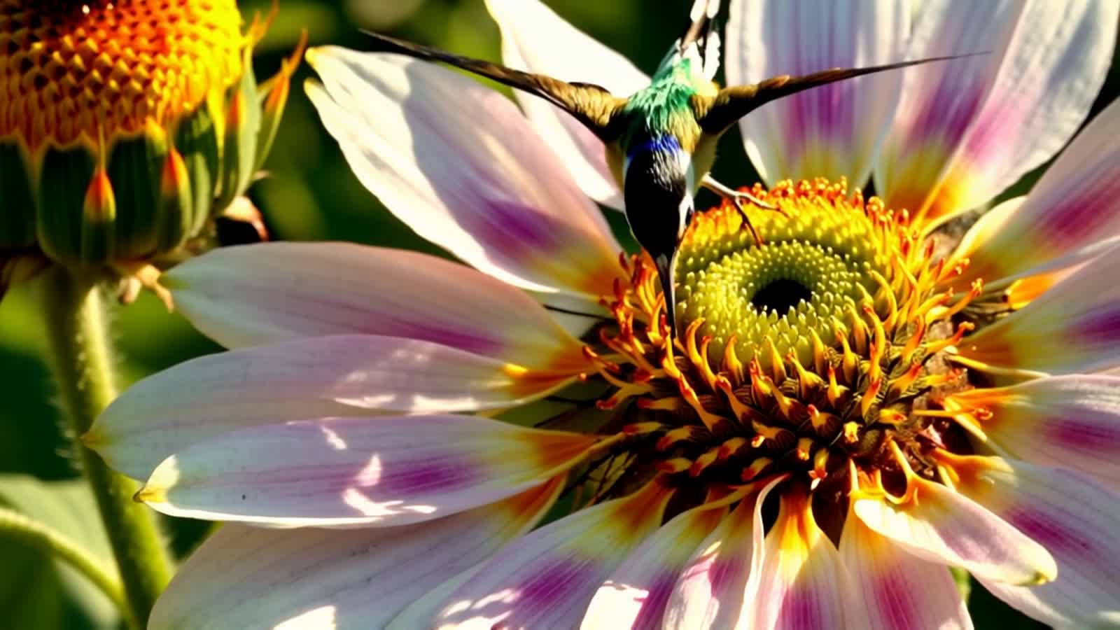 "Intricate, colorful hummingbird with translucent wings, collecting golden pollen from a giant exotic flower — warm suns...