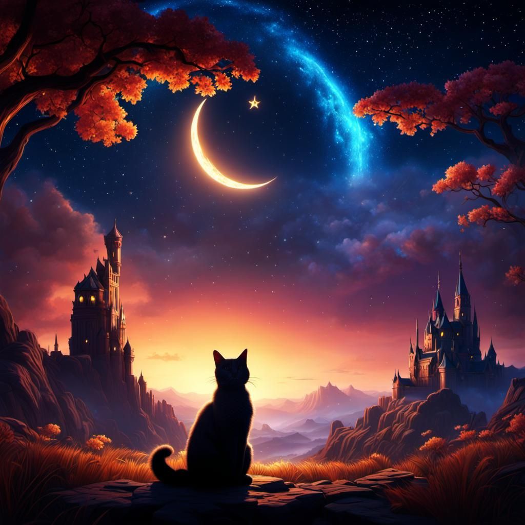 starry sky and lonely cat
