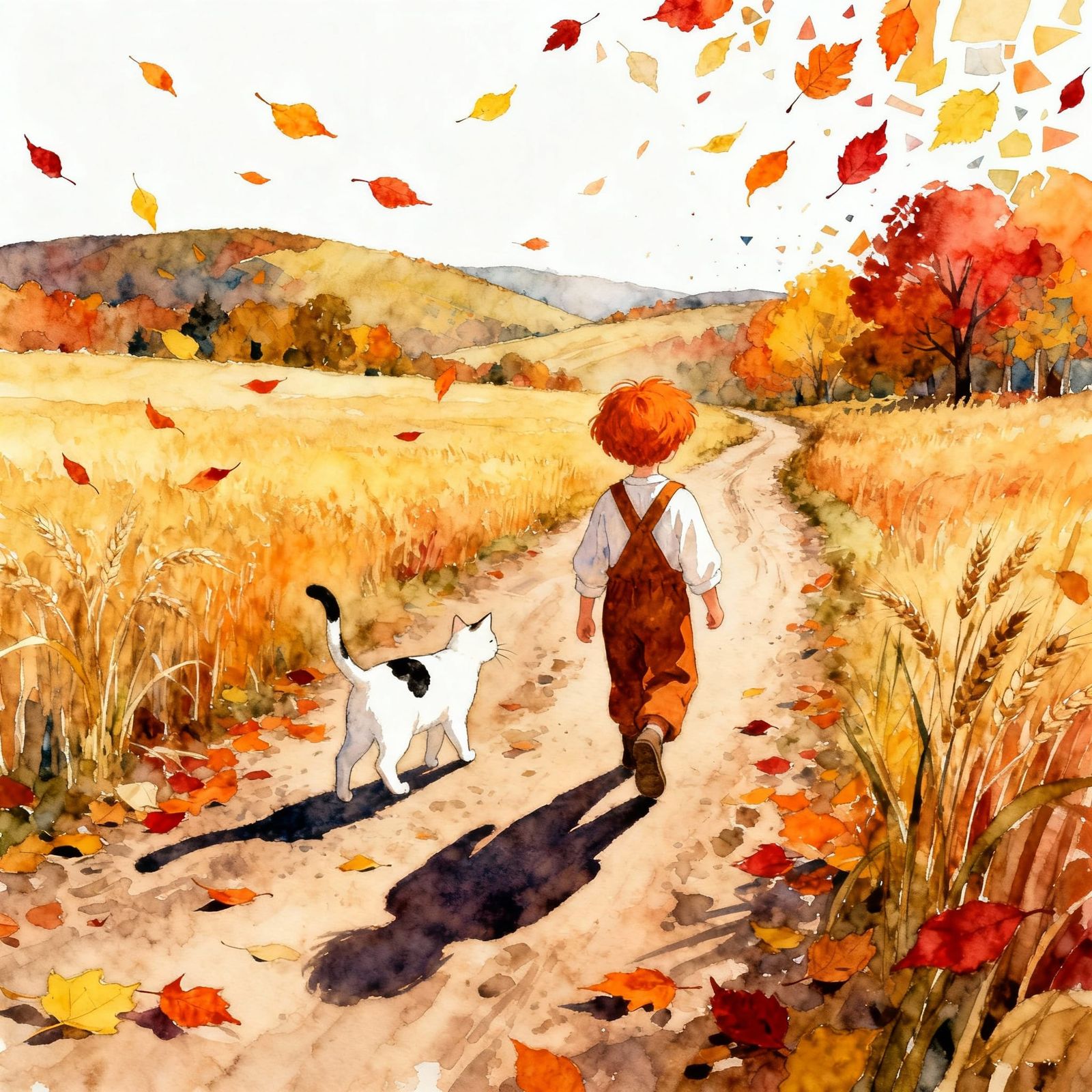 Watercolor Autumn Scene of Child and Cat