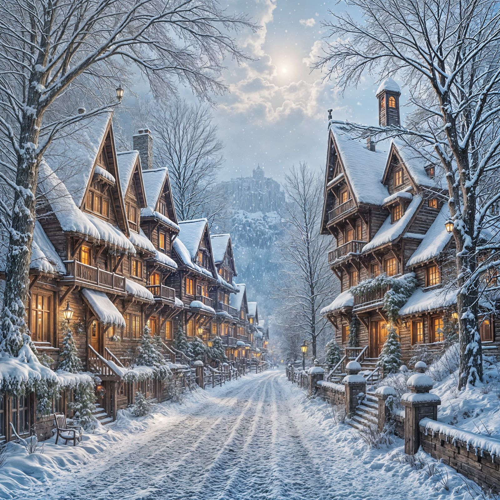 Snowy Fantasy Village in Winter Landscape