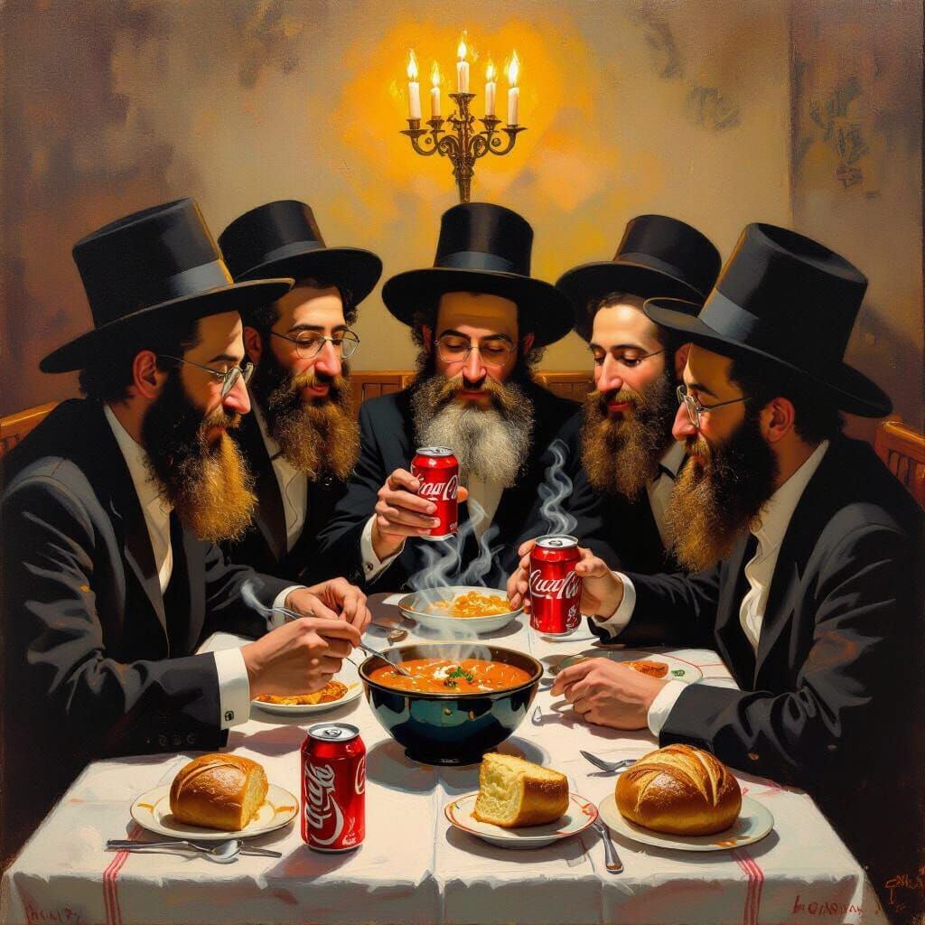 Hassidic Men Celebrate Shabbat Dinner with Cholent