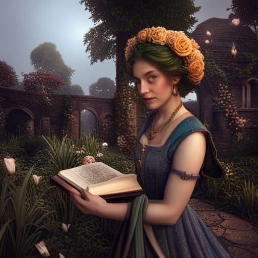 A medieval lady with flowers in her hair, reading a book