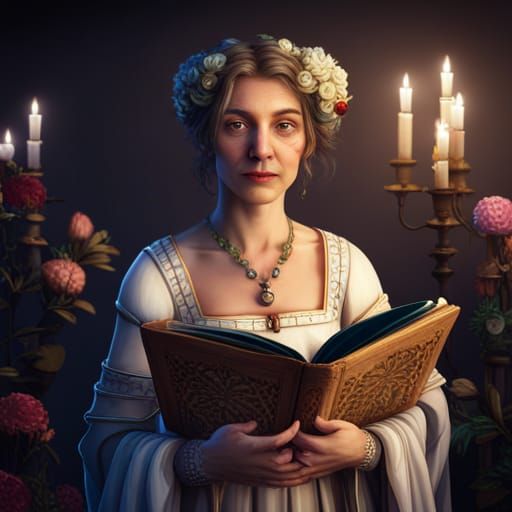 A medieval lady with flowers in her hair, reading a book