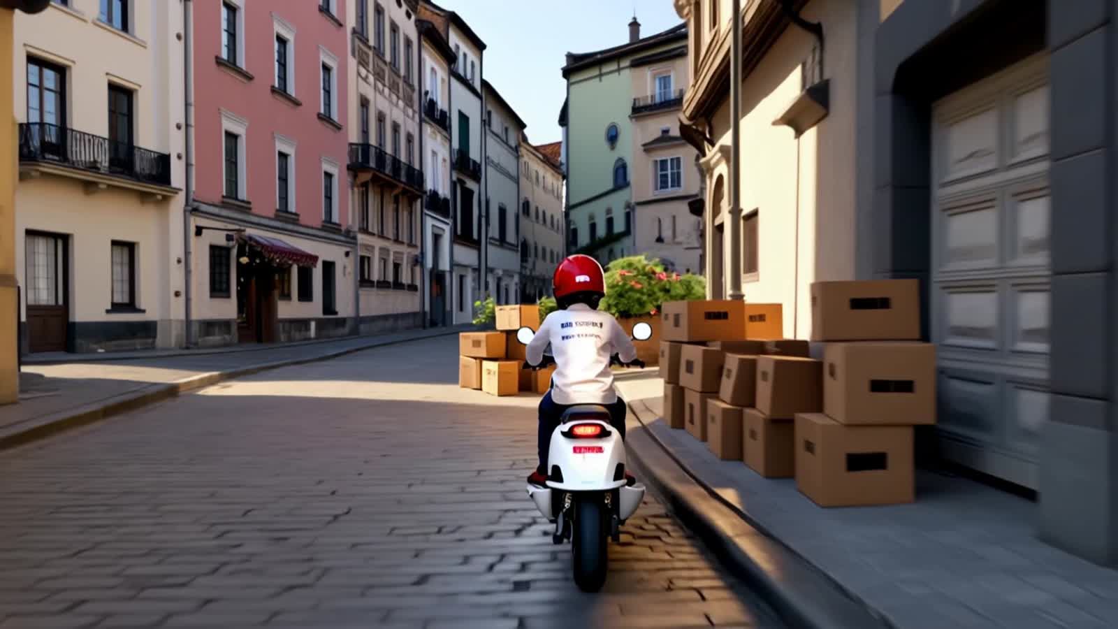 A 3D animated white delivery scooter races down a narrow alley in an old European town, camera tracking smoothly from be...