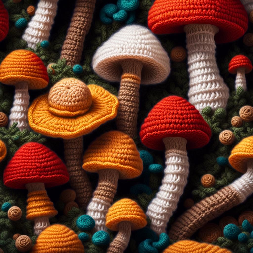 Wall of crochet mushrooms