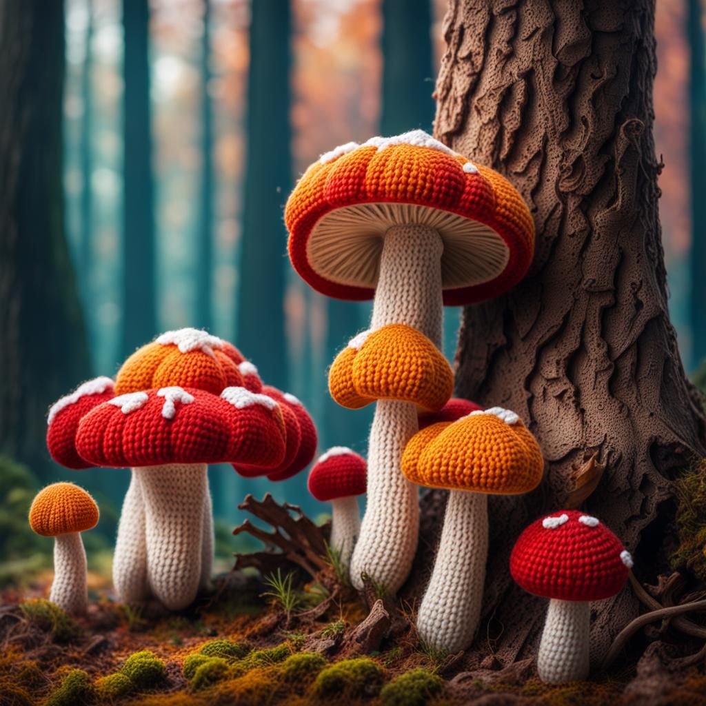 Crochet mushrooms by a tree