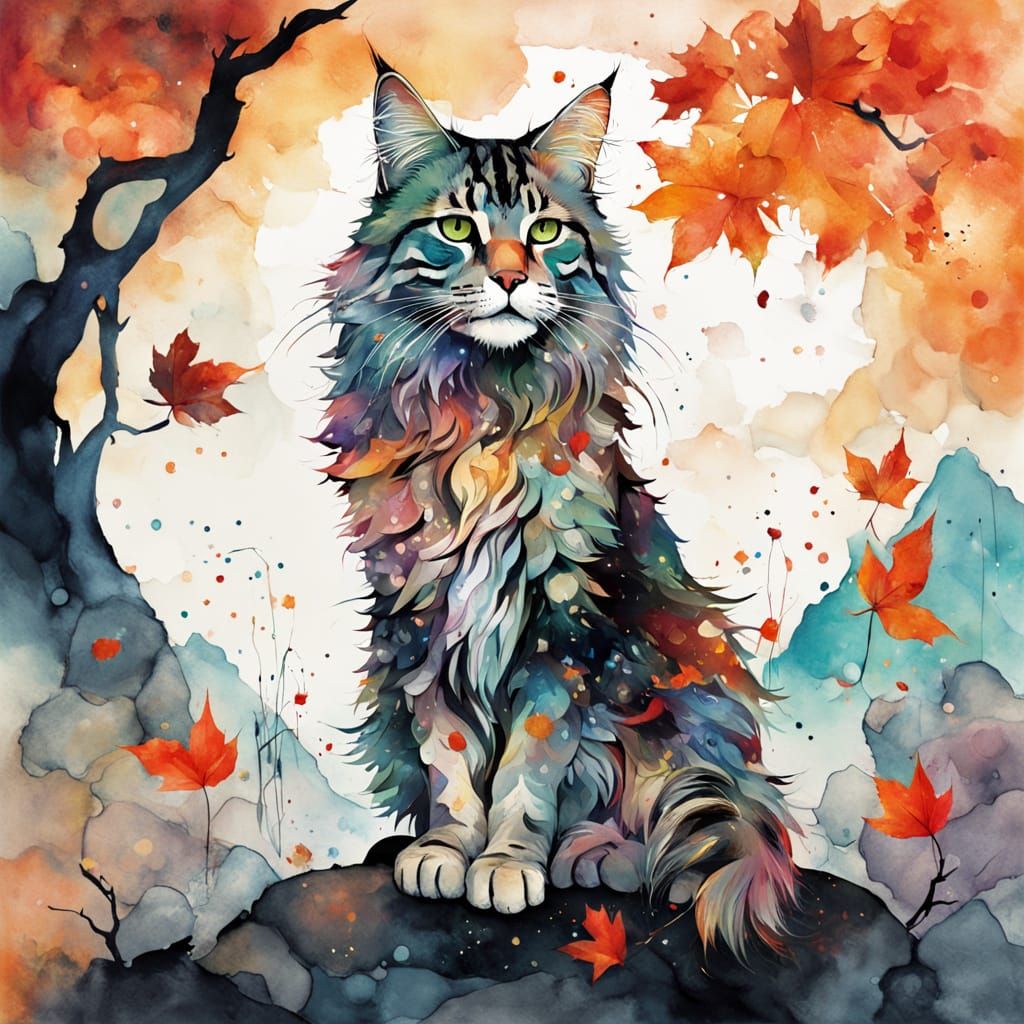 Maincoon standing  by a beautiful maple tree