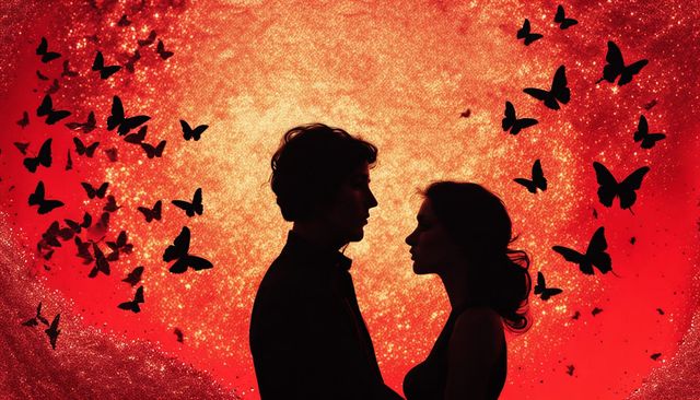 "Red" beautiful closeup red sunset splash art painting, silhouette of a couple floating next to tiny butterflies, amazing vibrant red detail...