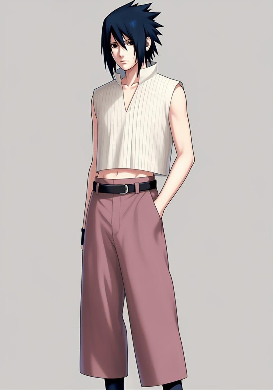 Sasuke Uchiha stands with a relaxed confidence in a sleek, m...