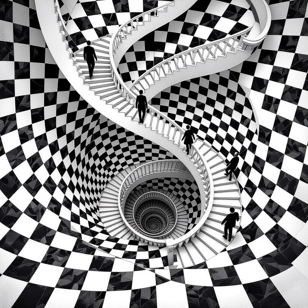 Escher Ascending a Staircase  by @Stochastic Frogman