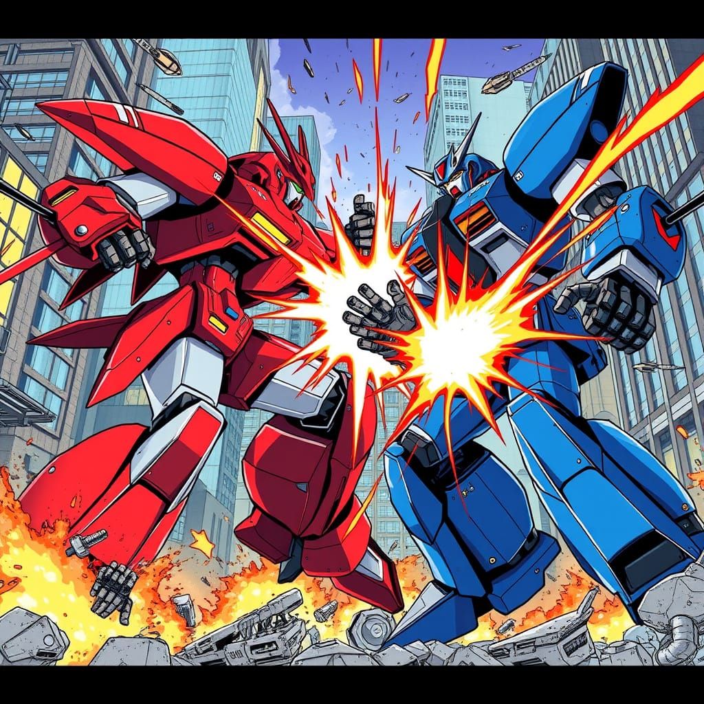 Two rival mechs, one sleek and crimson, the other bulky and cobalt blue, clash violently in a futuristic ...  by @ Jennifer