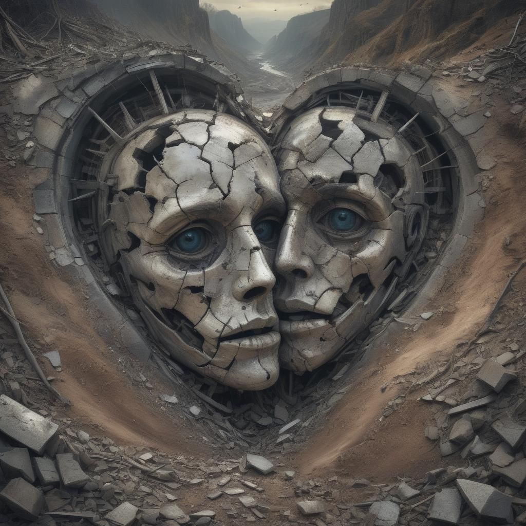 Broken face, broken heart,landscape enchanted waste land