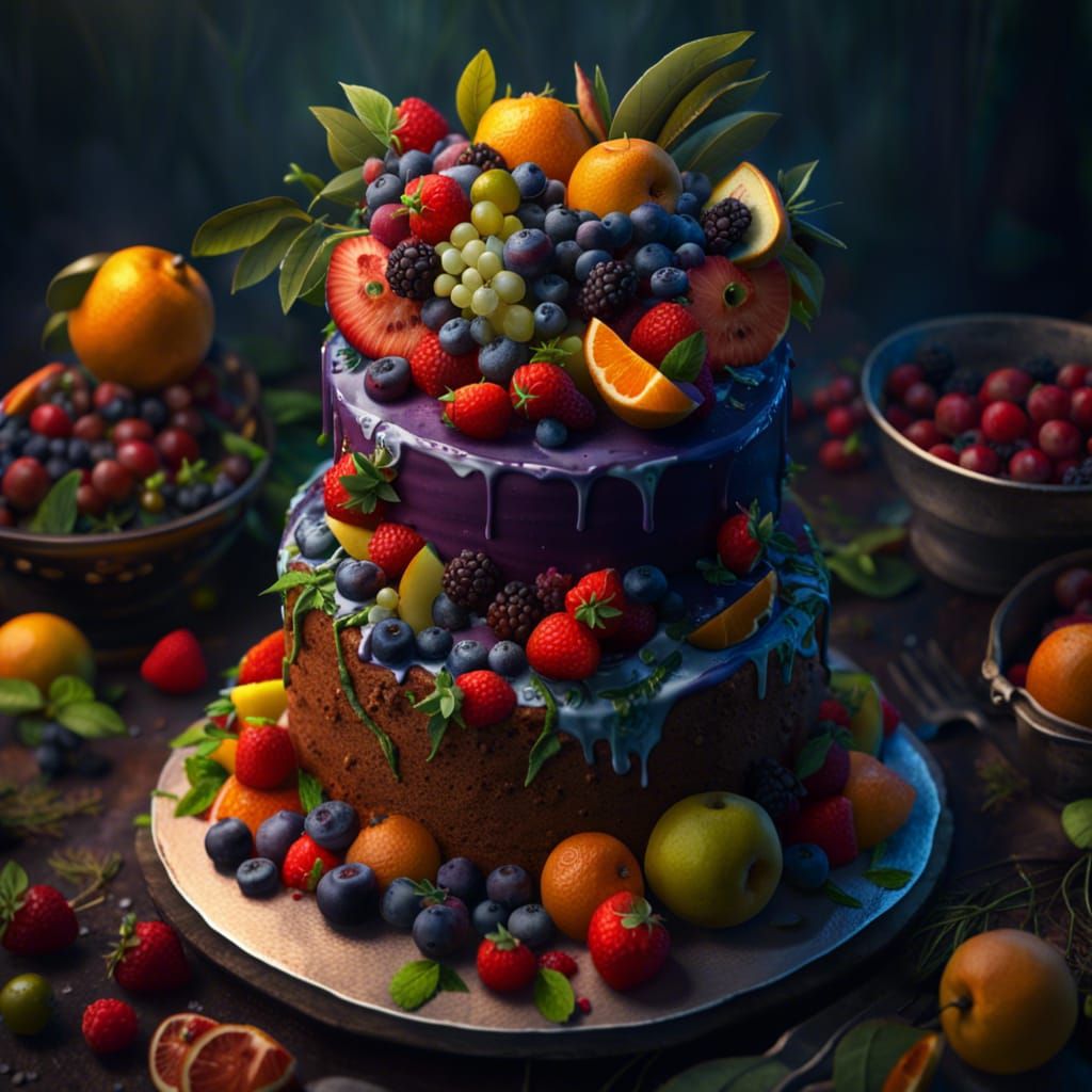 Hyperrealistic Fruit Wedding Cake in Epic Scenery