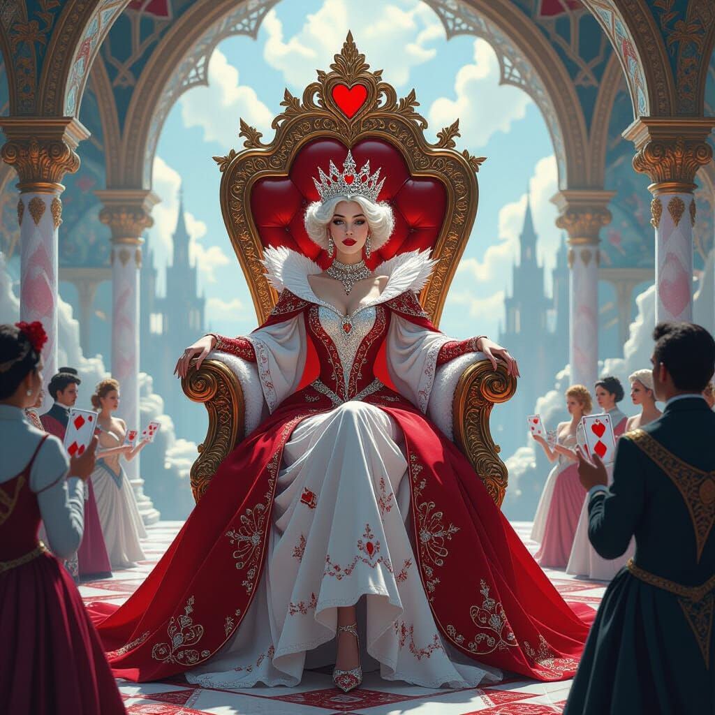 The Queen of Hearts reimagined as a powerful empress of a crystalline empire, her gown shimmering with ...  by @jennifer blank