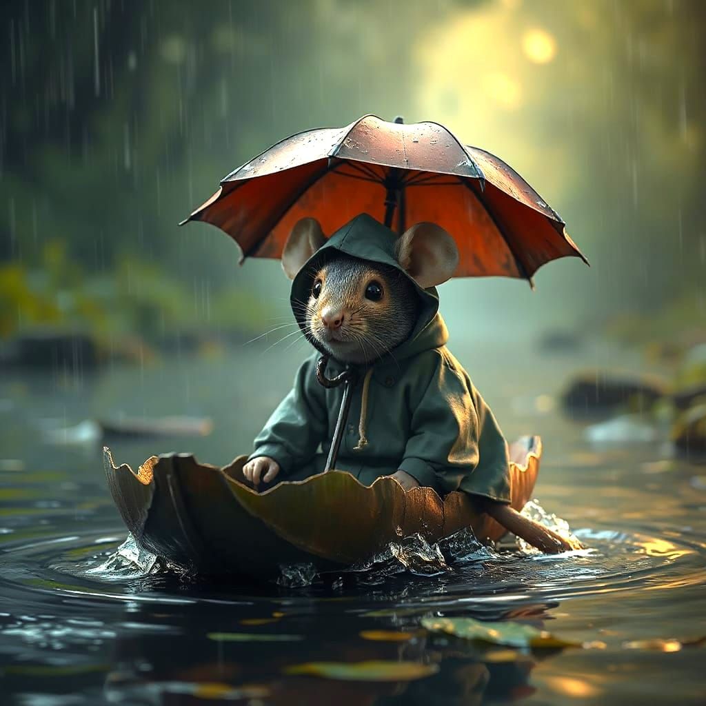 Mouse in a raincoat and hat...in a rainstorm, with an umbrella, floating on a leaf boat, on a stream. 