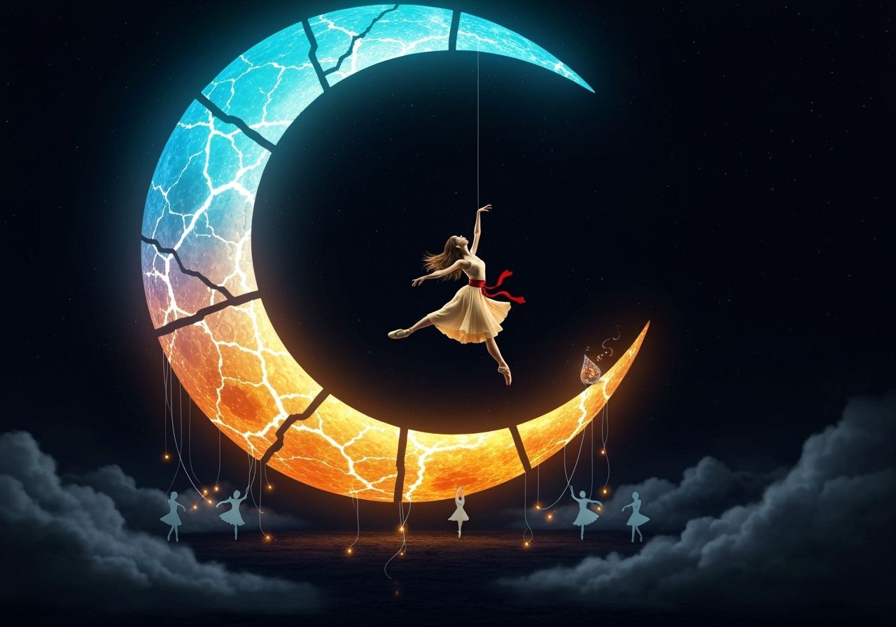 The image depicts a fantastical nocturnal scene, centrally featuring a large, fractured crescent moon against a dark, star-filled sky. The m...