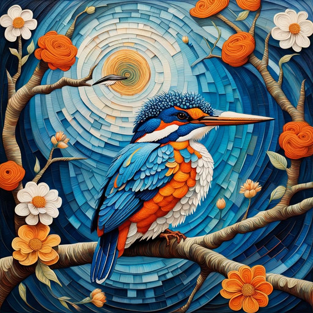 (a magnificent orange-blue-white kingfisher sitting on a tre...