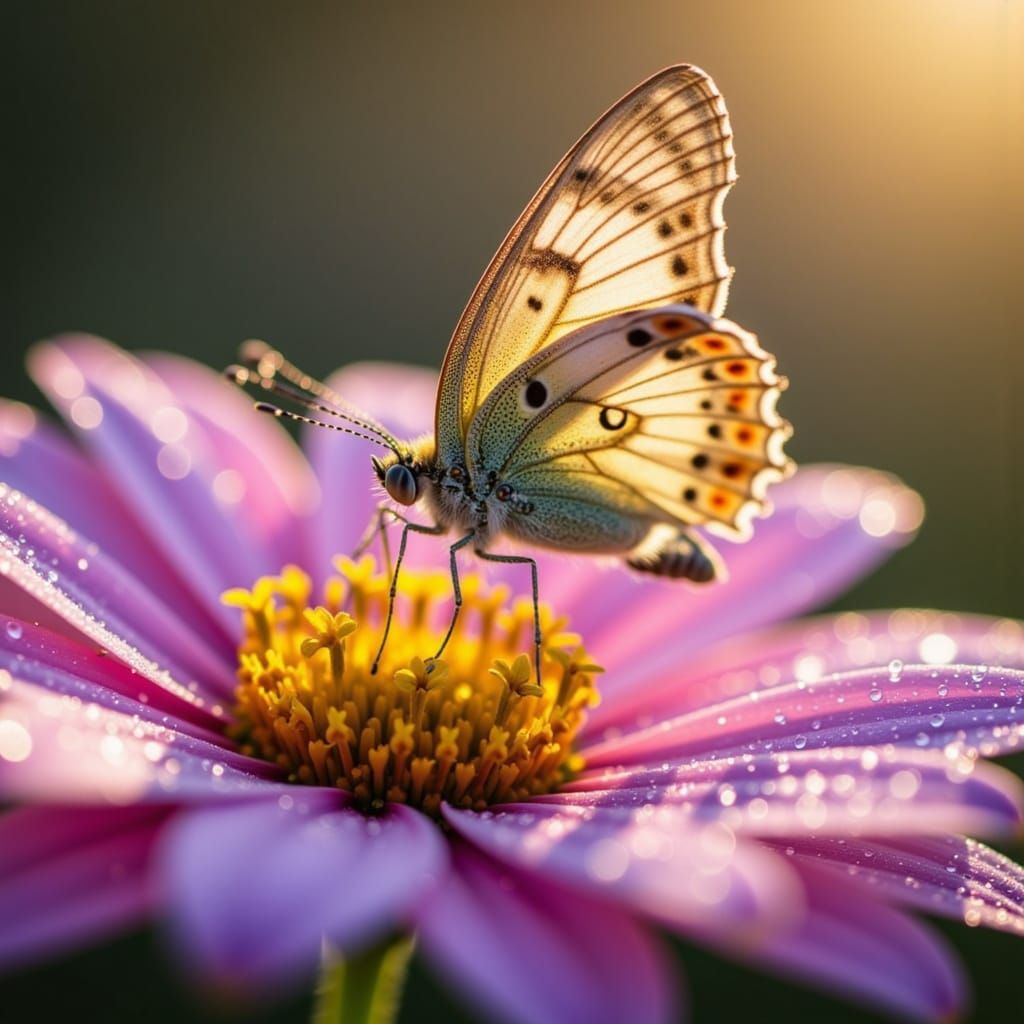 Ultra-realistic macro photography of a butterfly resting on a dewy flower petal, fine details of delicate wings with intricate patterns, gli...