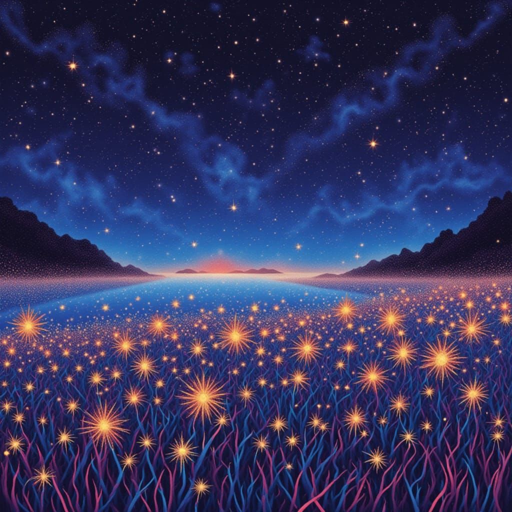Abstract Starry Bay Landscape in Maximalist Vector Style