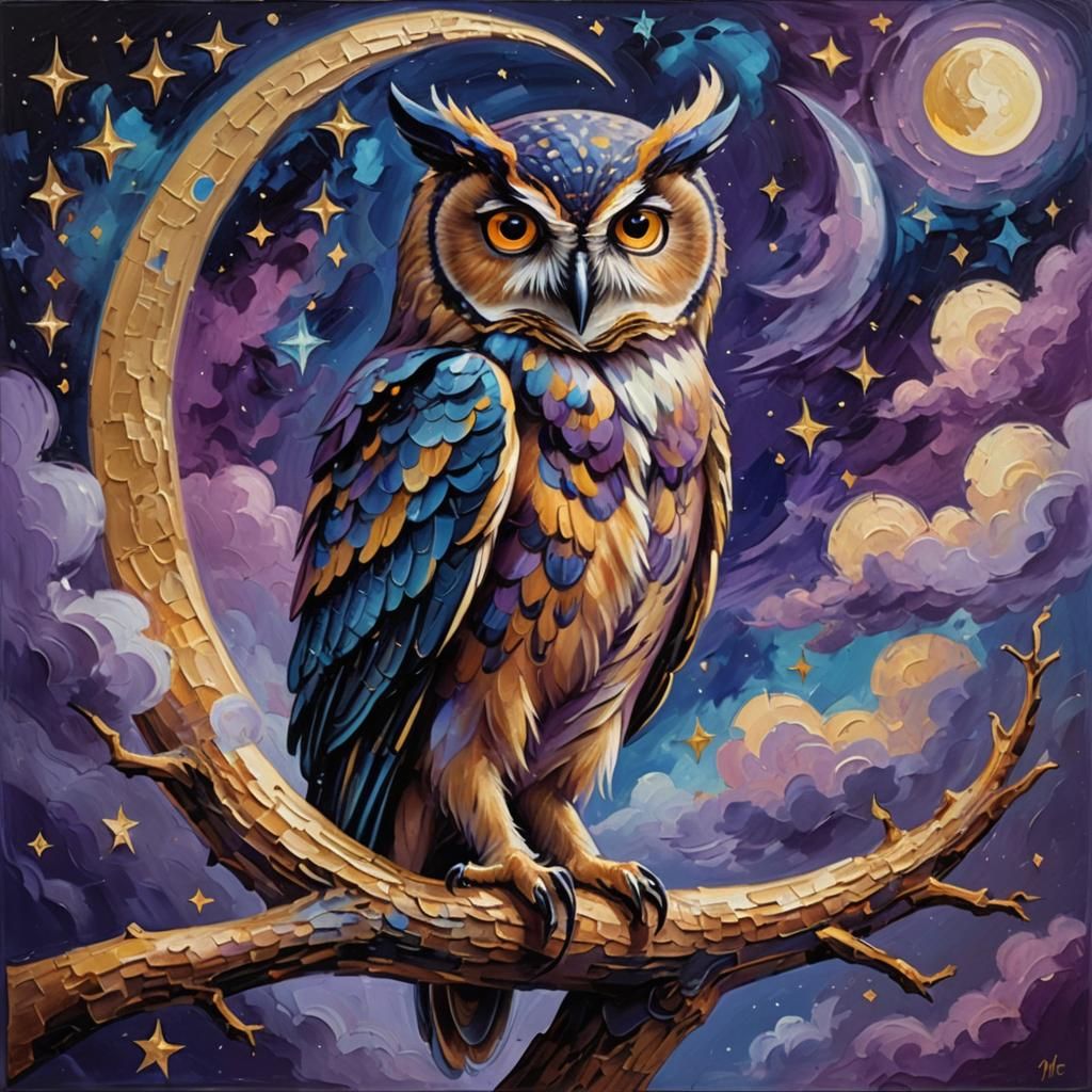 Owl on Crescent Moon in Neo-Impressionist Style