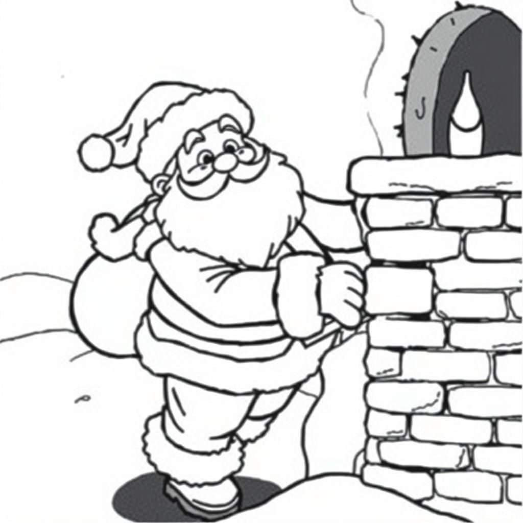 Classic santa going down the chimney. Coloring page line drawing black ...