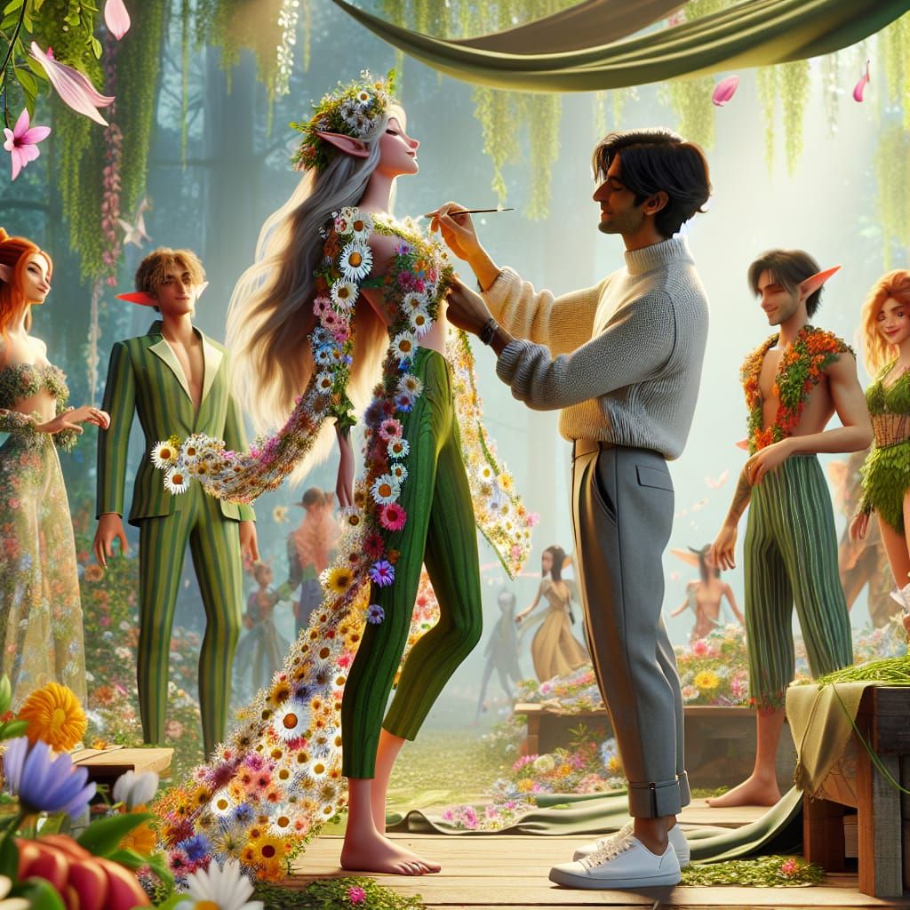 the flower elf fashion designer dresses the flower elfs with his latest clothes,   by @Tina auf der Blumenwiese