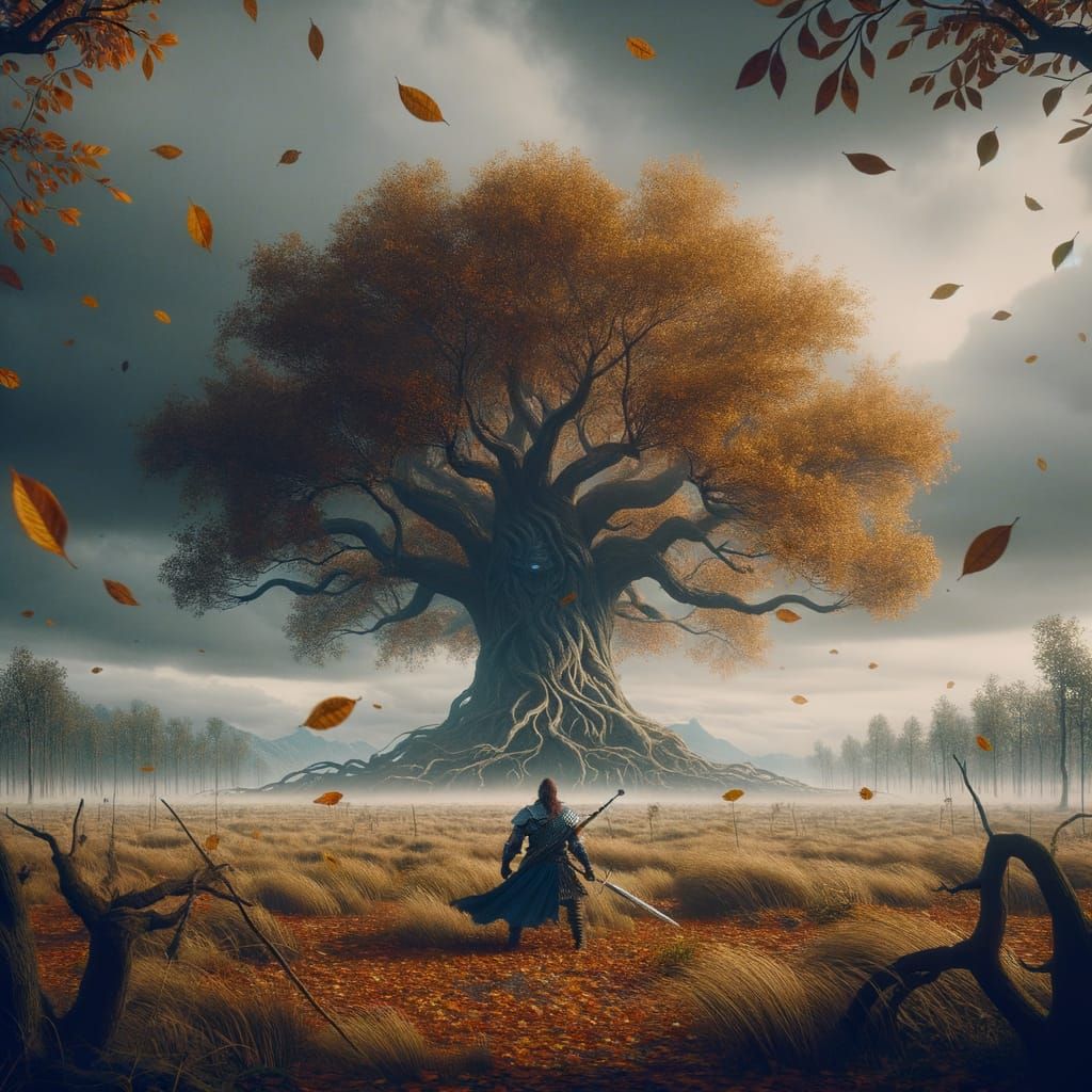 Autumn Warrior Faces Fate in Overcast Landscape