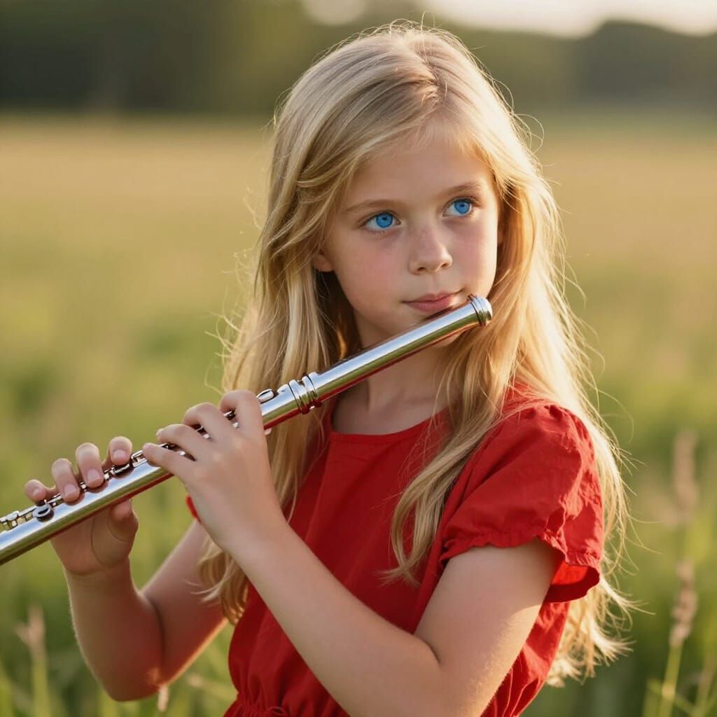 Sun-Kissed Girl Plays Flute in Meadow, Golden Hour