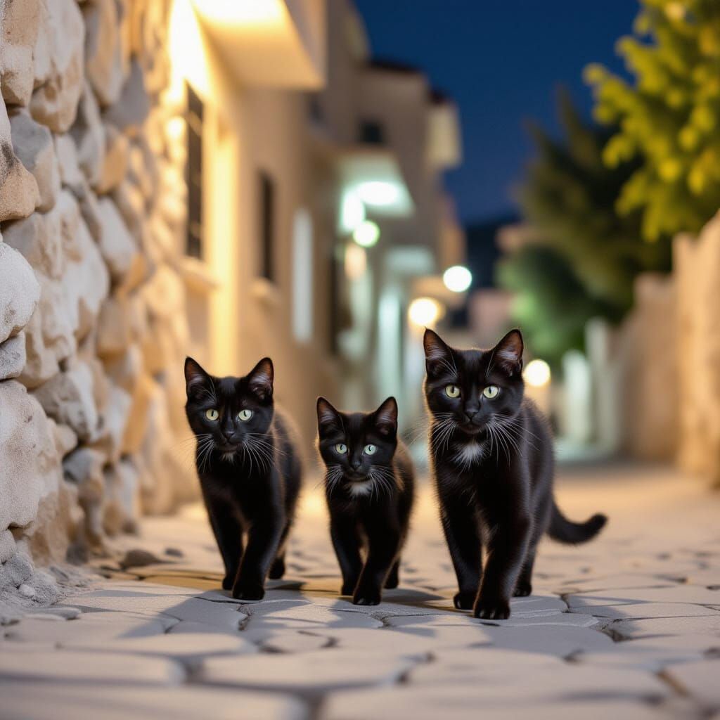 Black Cats with Vegetable Eyes Walking Through Abandoned Hou...