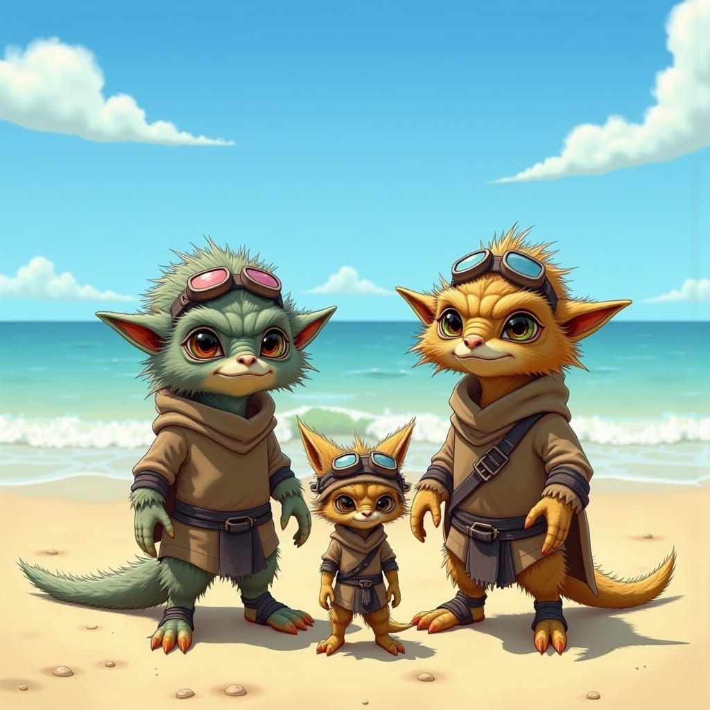 <lora:Ickwonaughts:1.0> A [large] family of Ickwonaughts playing [sand] volleyball at the beach. Summer. Beautiful clear sky. Ocean [Blue] w...