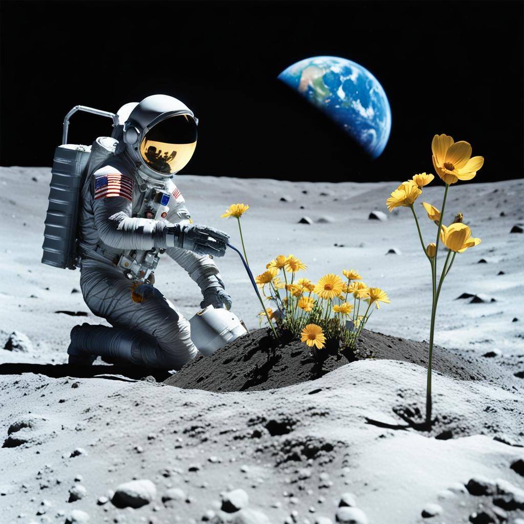 Astronaut's Lunar Garden: Impressionistic Sci-Fi Oasis
